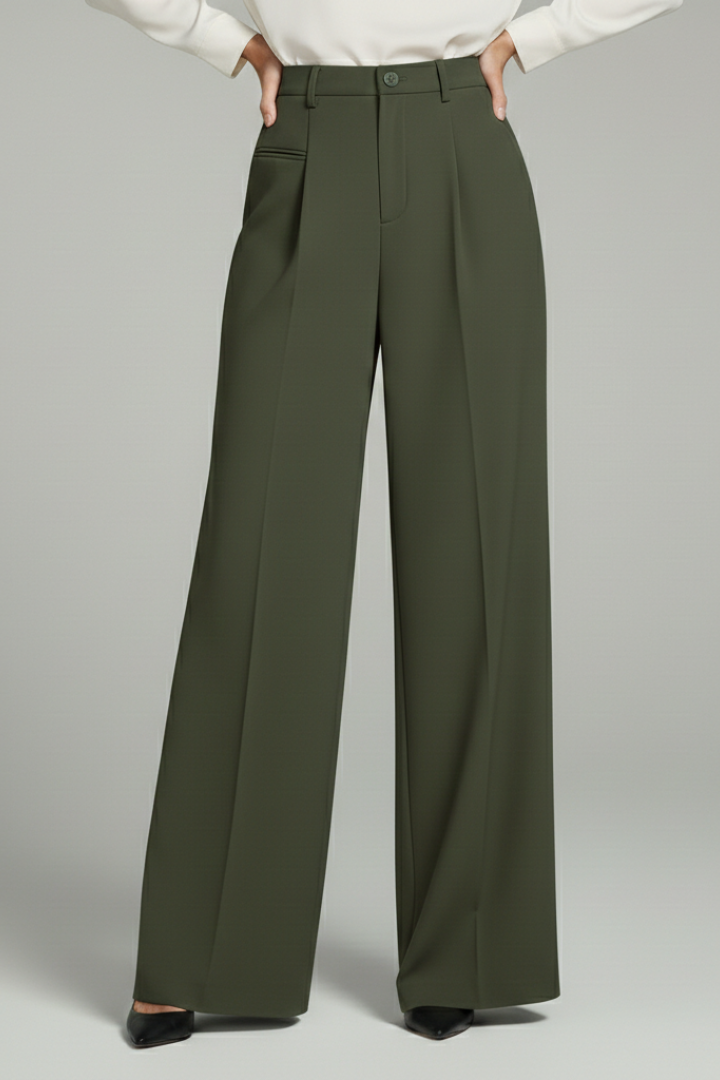 Dark olive high-waisted palazzo trousers with front pleats and wide legs