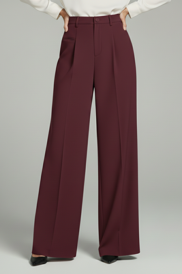 Burgundy wide-leg pleated trousers with high waist and front pockets