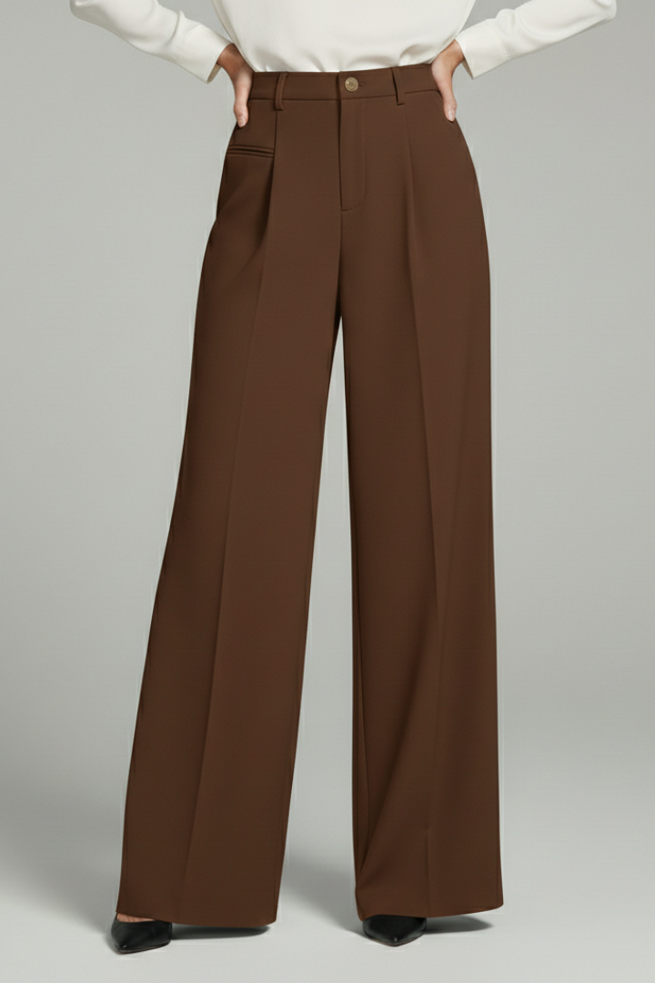 Brown high-waisted palazzo trousers with front pleats, paired with black heels