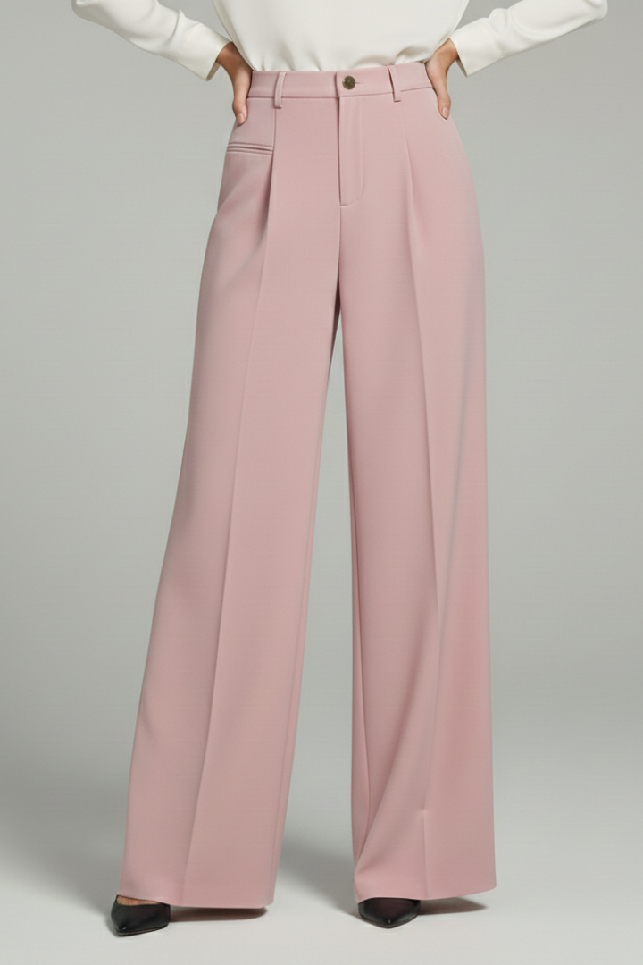 Dusty pink wide-leg pleated trousers with high waist and front pockets