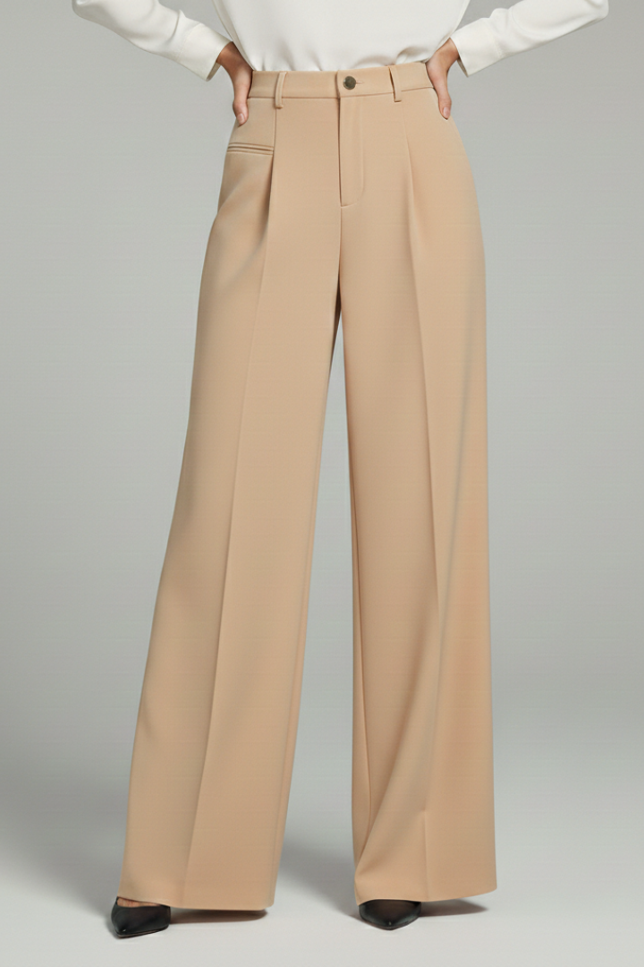 Camel high-waisted palazzo trousers with front pleats and tailored waistband