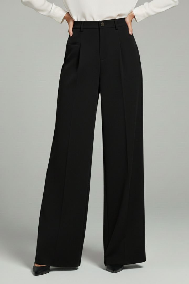 Black wide-leg pleated trousers with high waist, styled with pointed heels