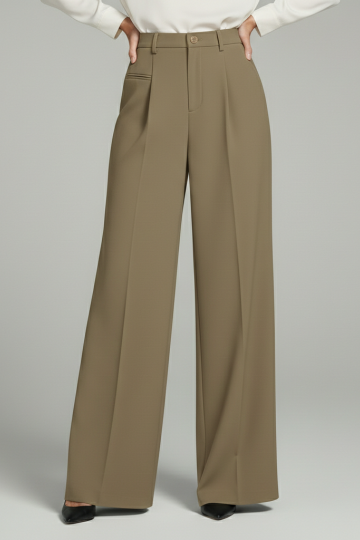 Olive green high-waisted palazzo trousers with front pleats and back pockets