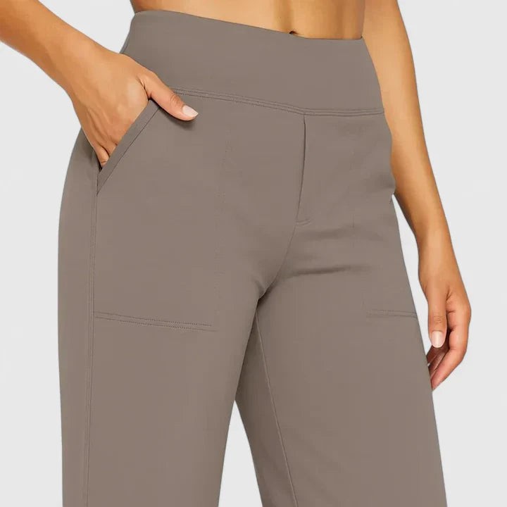 Close-up of taupe wide-leg pants showing side pocket detail