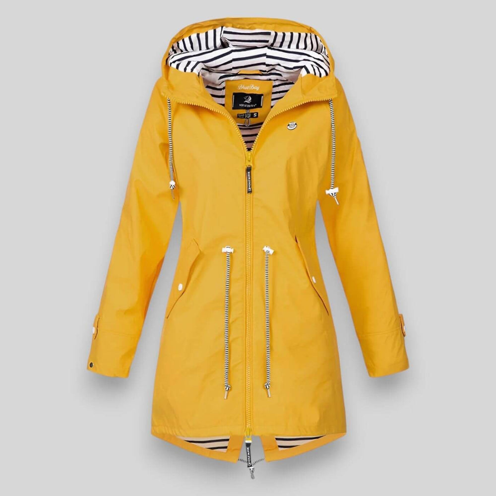 Yellow hooded raincoat with striped lining and zip-front closure
