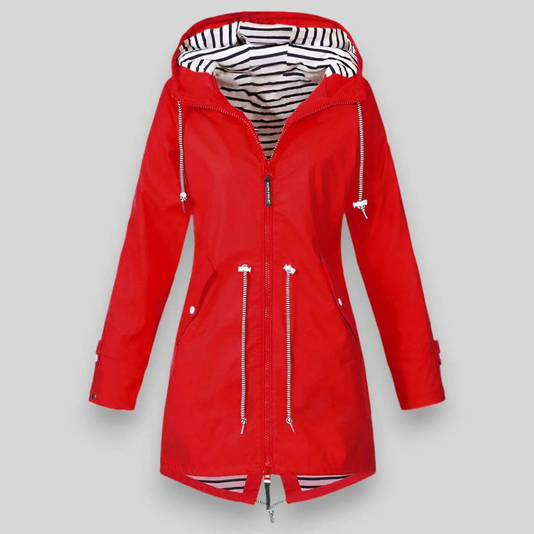 Red hooded raincoat with striped lining and toggle drawstring waist