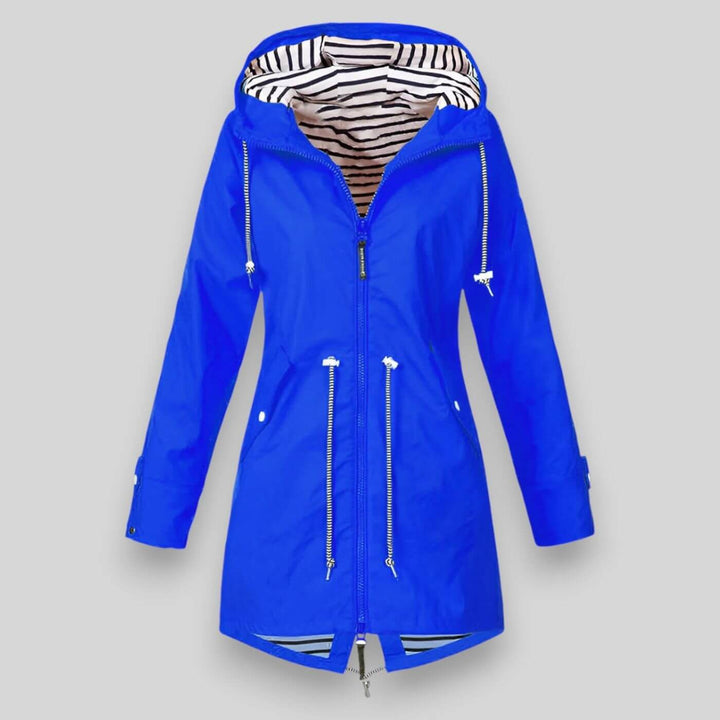 Royal blue hooded raincoat with striped lining and zip front