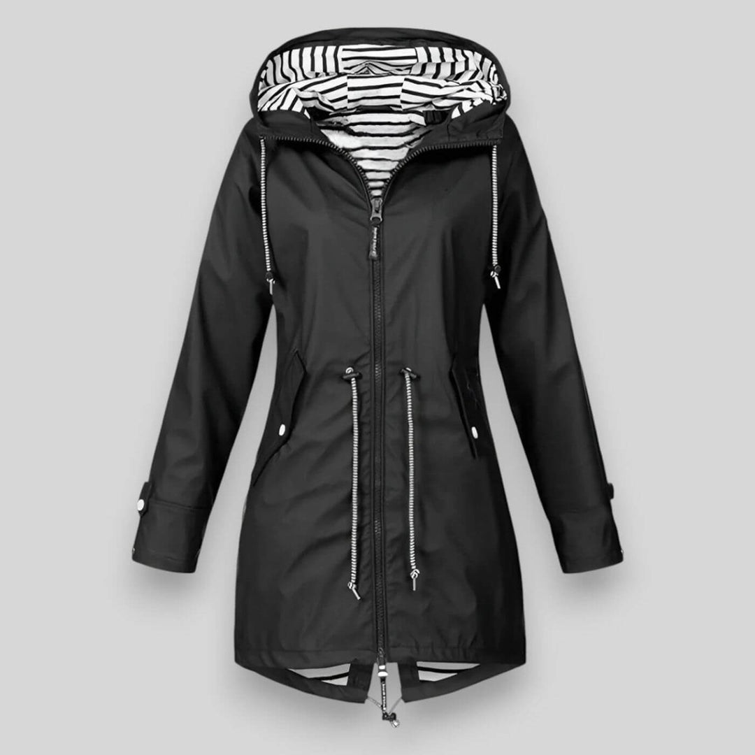 Black hooded raincoat with striped lining and drawstring waist