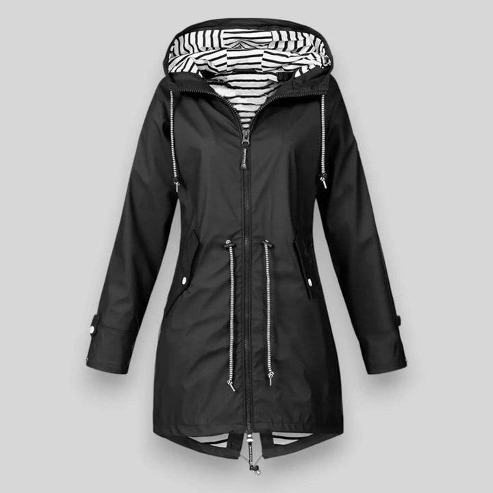 Black hooded raincoat with striped lining and drawstring waist
