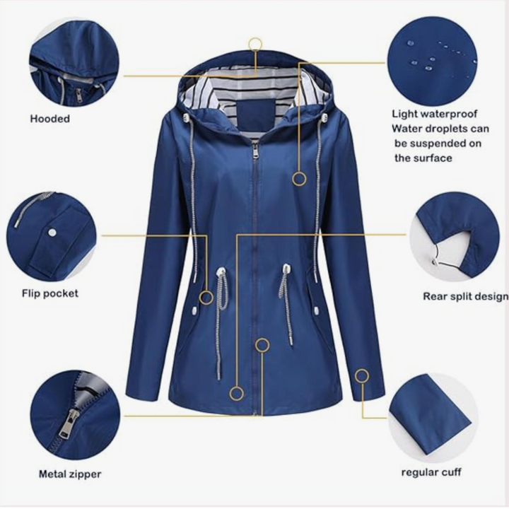 Navy raincoat detail view showing hood, zipper, and cuff features