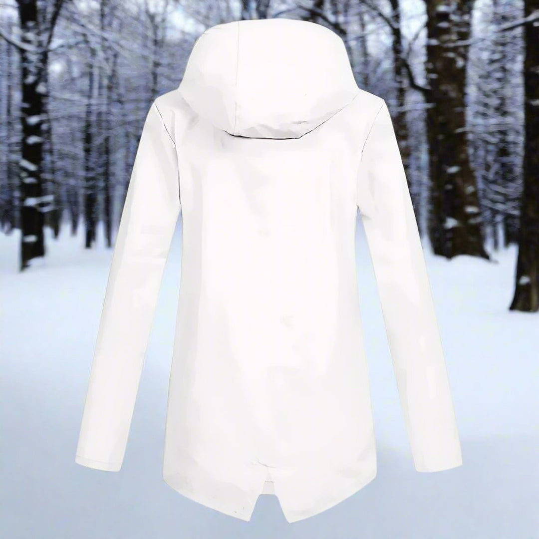 White longline rain jacket back view showing hood and clean silhouette