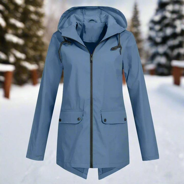 Slate blue hooded rain jacket, front view with flap pockets and zipper