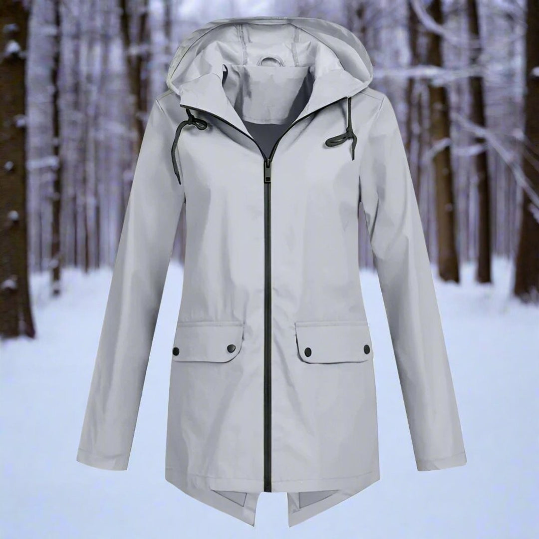 Light gray hooded rain jacket, front view showing zip closure and pockets
