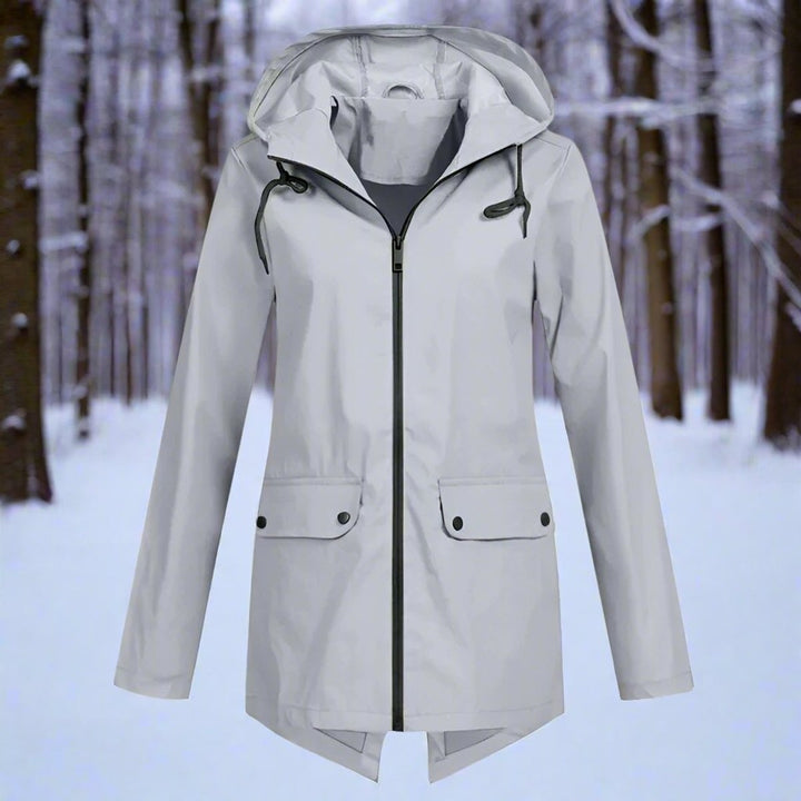 Light gray hooded rain jacket, front view showing zip closure and pockets