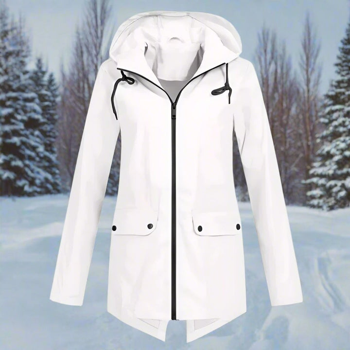 White zip-up rain jacket, front view with drawstring hood and flap pockets