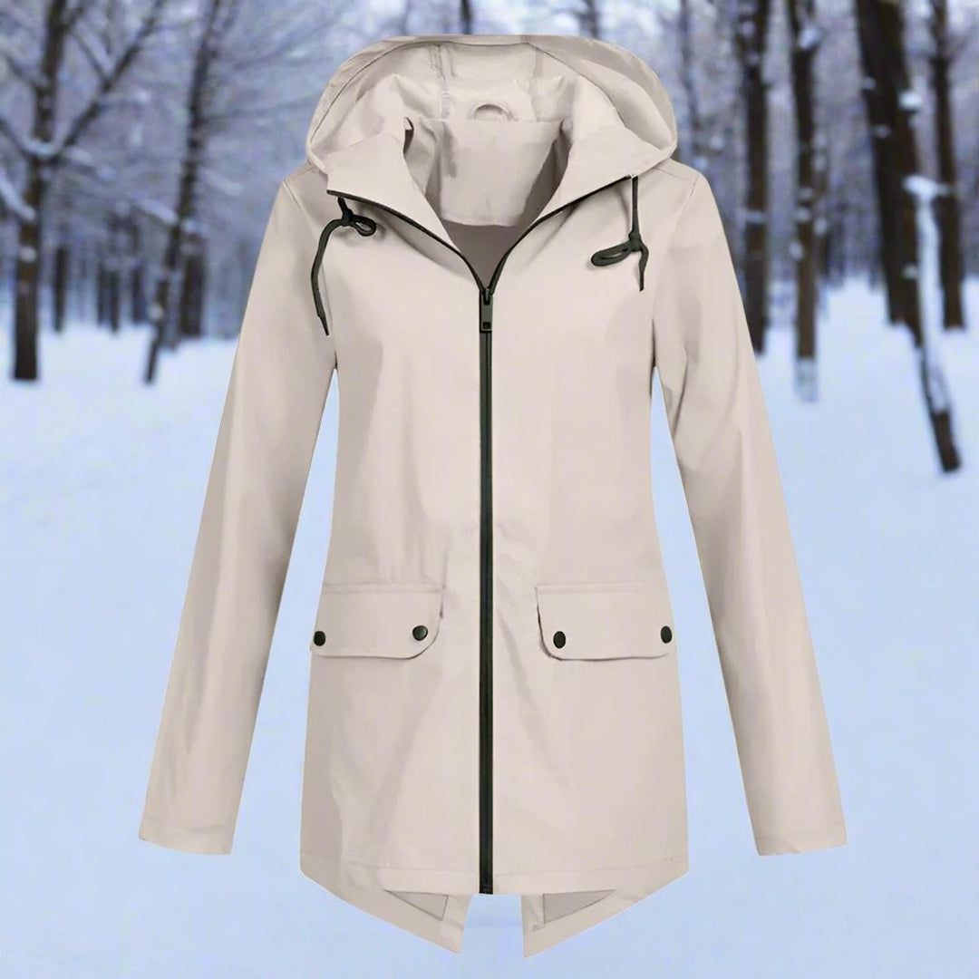 Beige zip-up hooded rain jacket, front view with flap pockets and drawstring