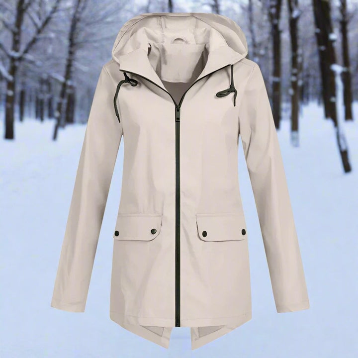 Beige zip-up hooded rain jacket, front view with flap pockets and drawstring