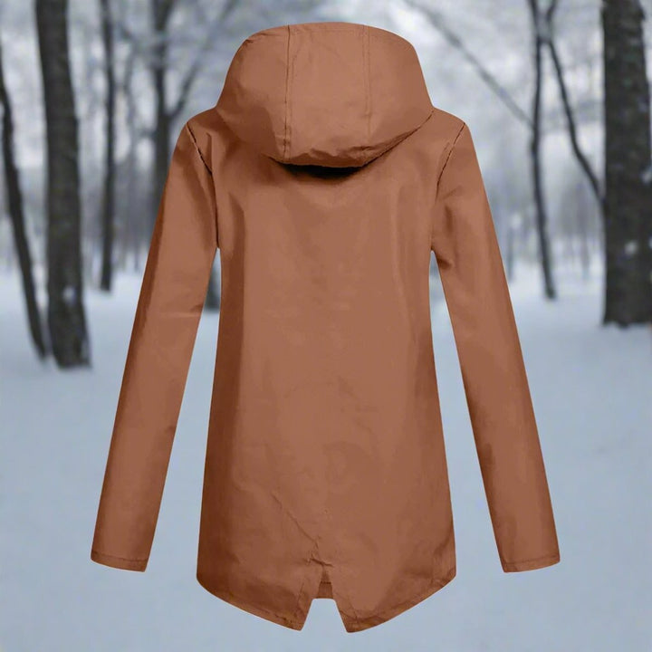Rust brown longline rain jacket back view highlighting hooded design