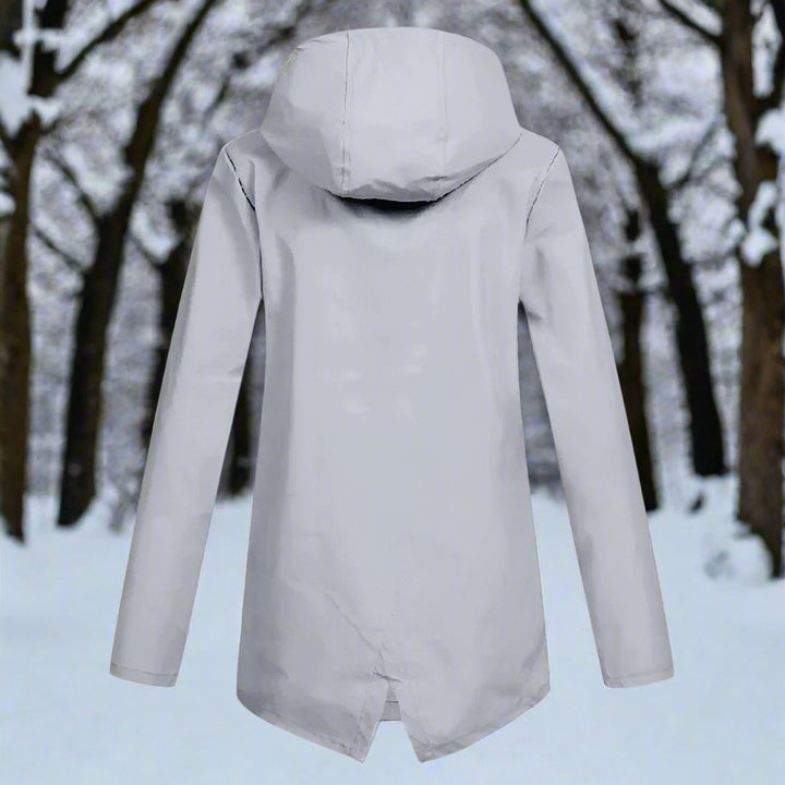Light gray longline rain jacket back view with adjustable hood