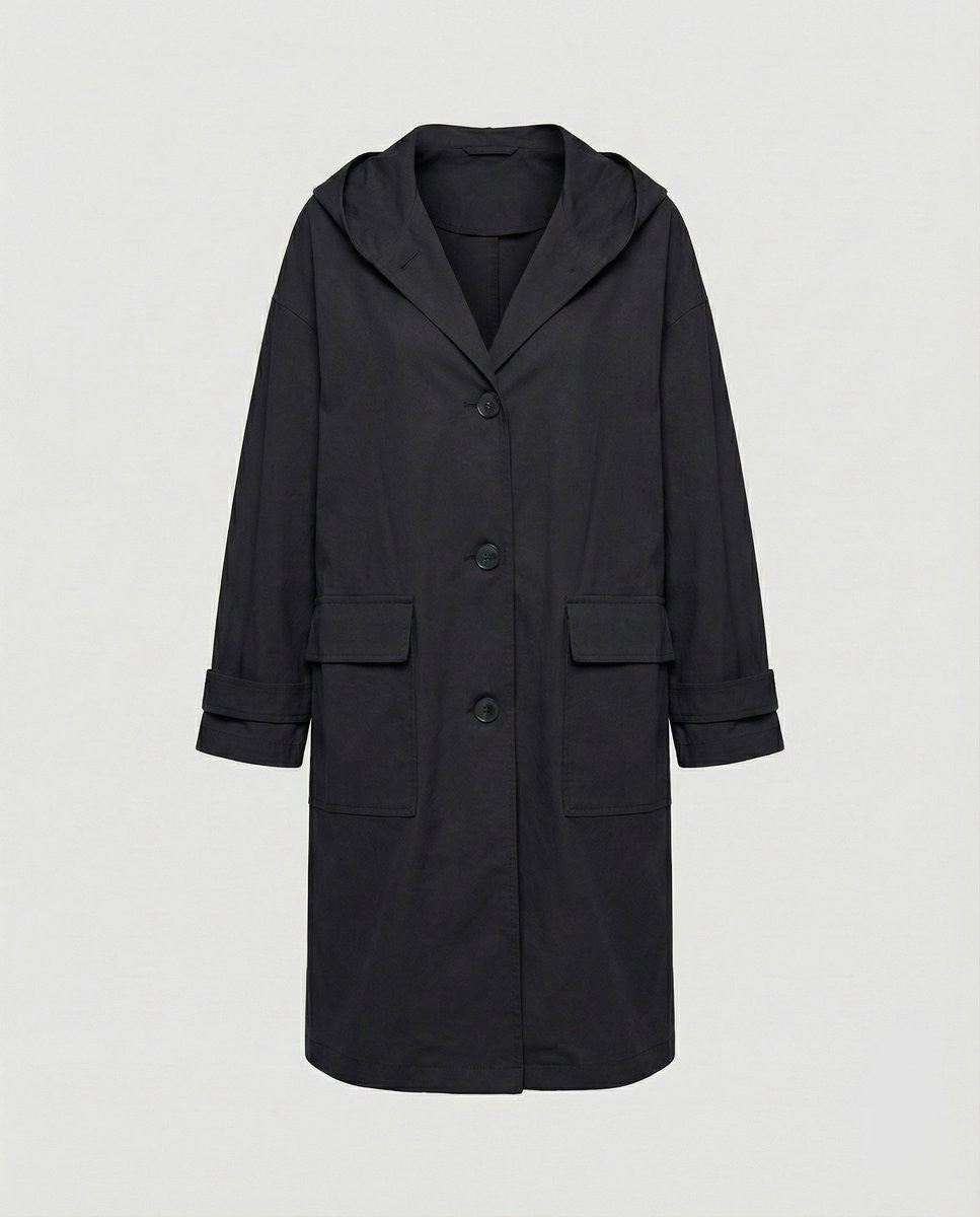 Black hooded trench coat with patch pockets and button-front fastening