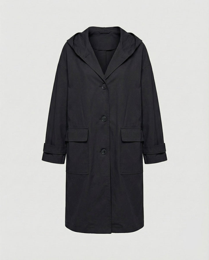 Black hooded trench coat with patch pockets and button-front fastening
