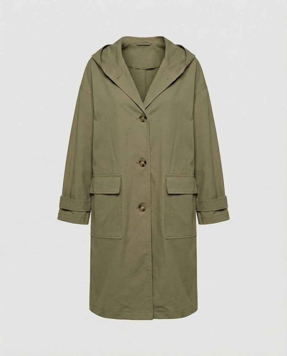 Khaki green hooded trench coat with flap pockets and turn-up cuffs