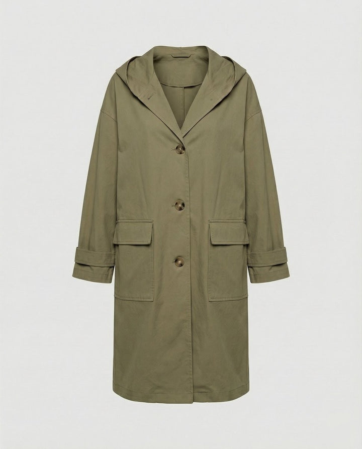 Khaki green hooded trench coat with flap pockets and turn-up cuffs