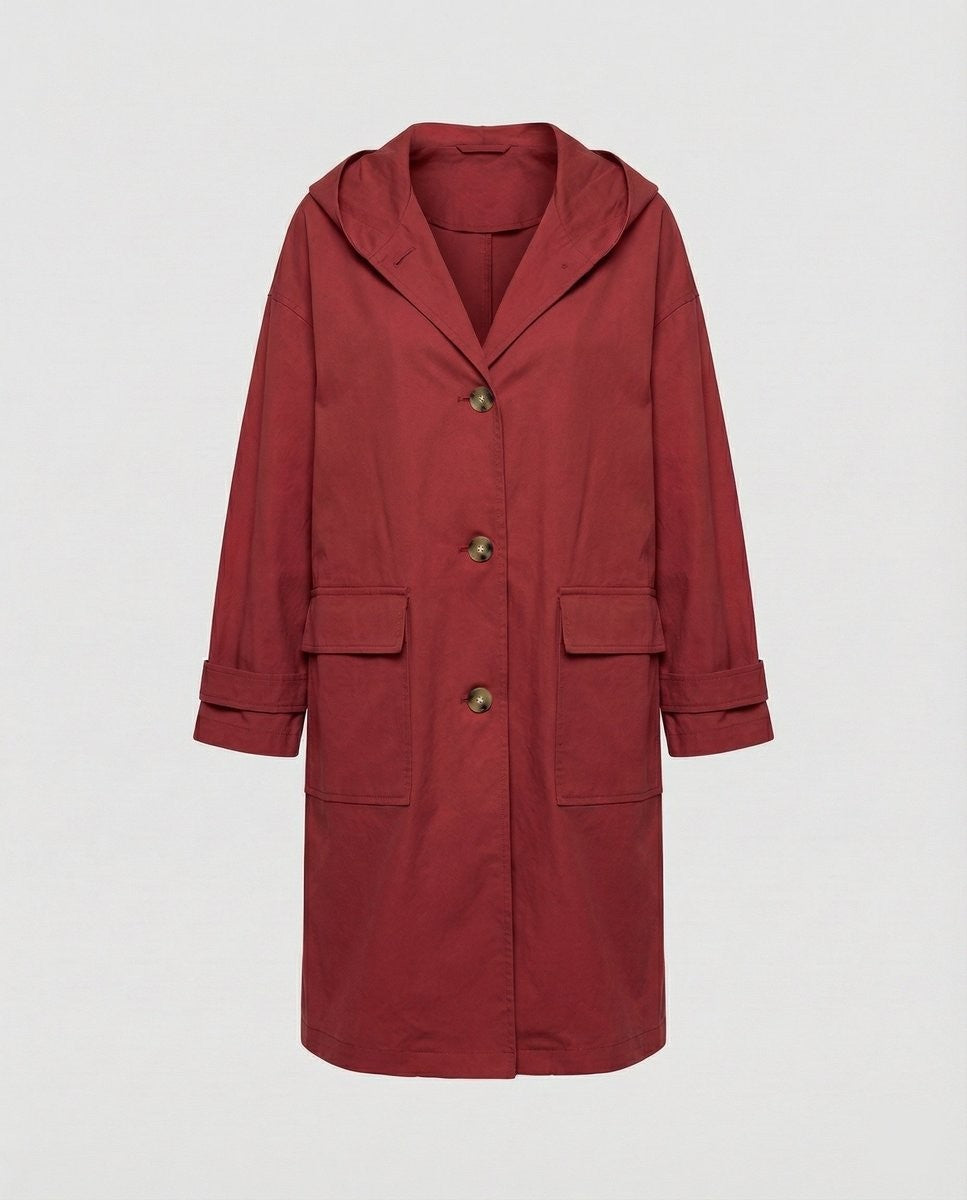 Brick red hooded trench coat with button fastening and patch pockets