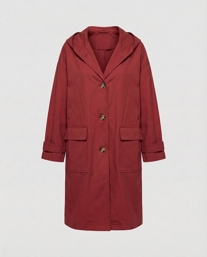 Brick red hooded trench coat with button fastening and patch pockets