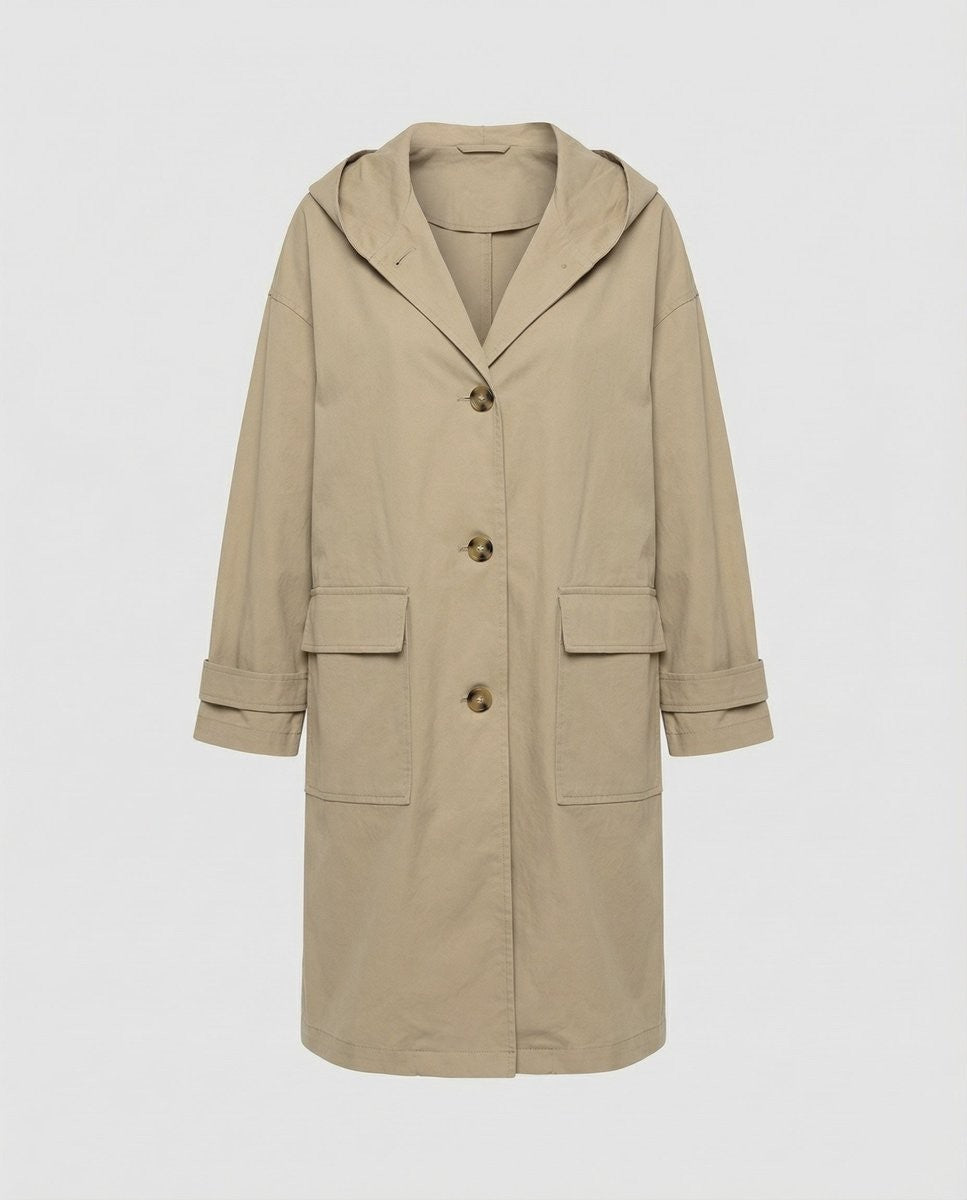 Stone beige hooded trench coat with flap pockets and turn-back cuffs