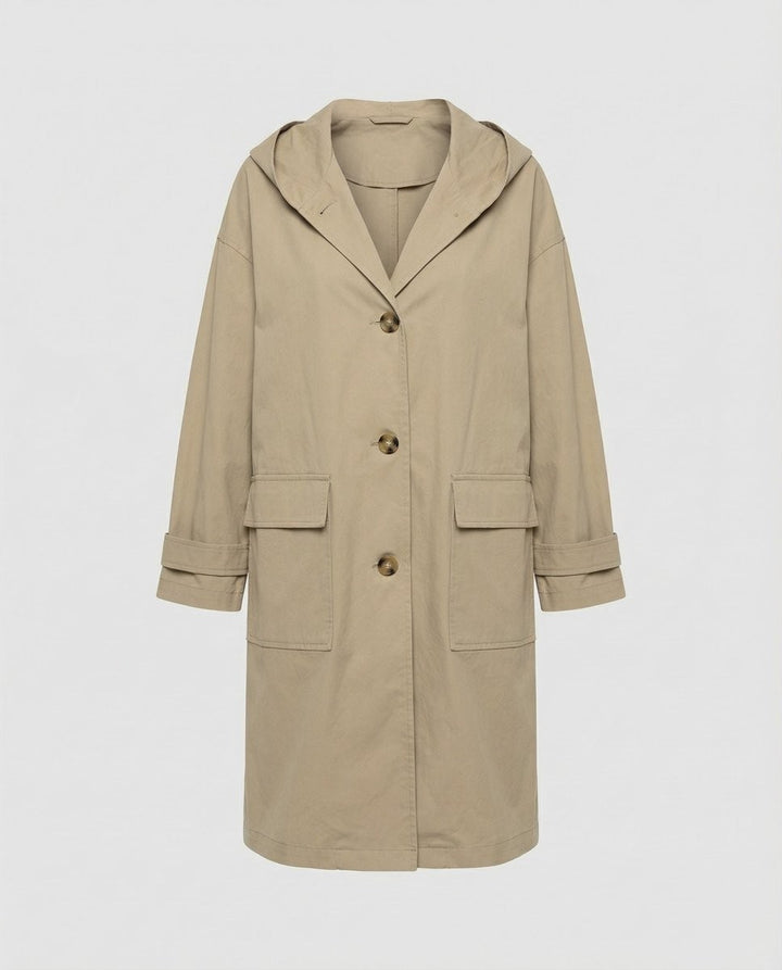 Stone beige hooded trench coat with flap pockets and turn-back cuffs