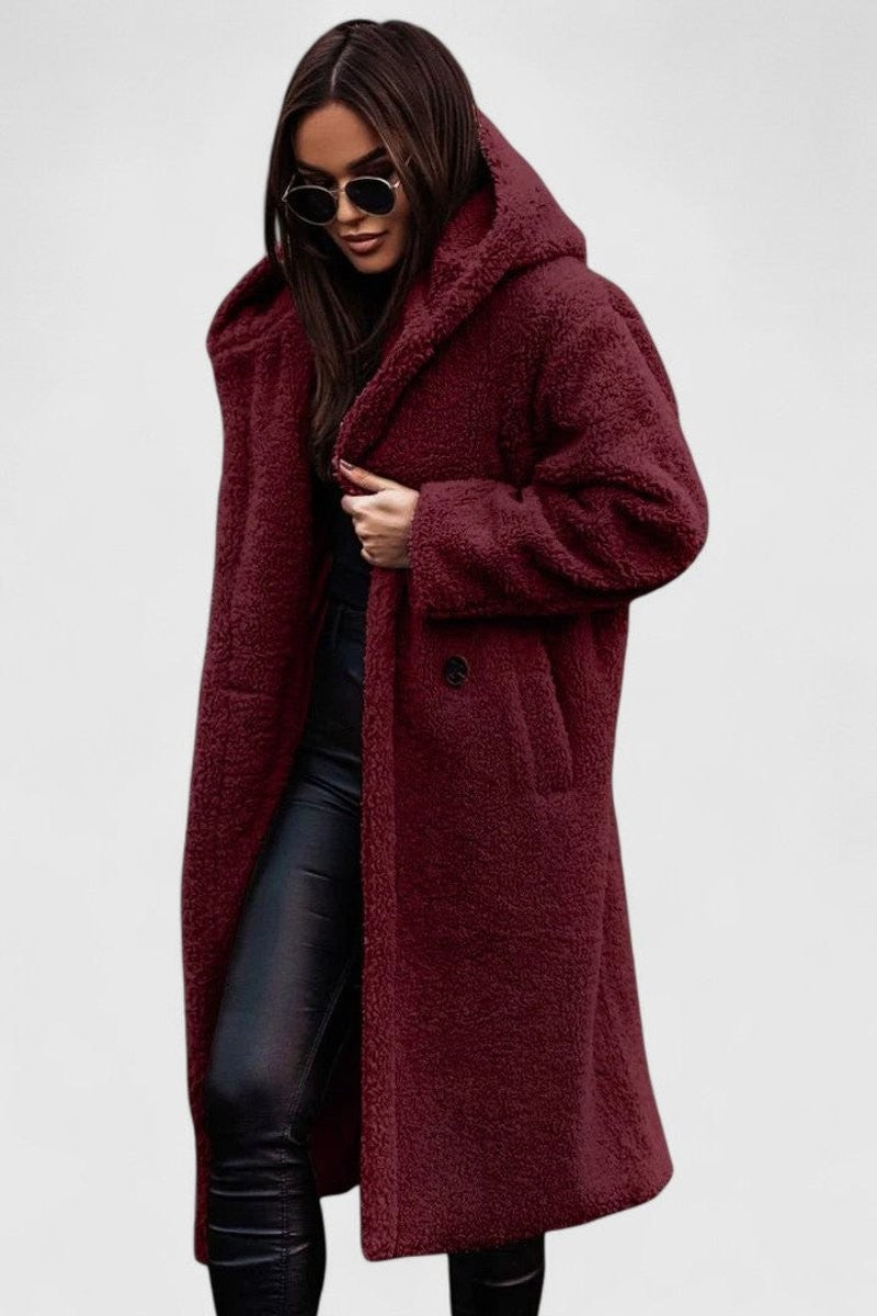 Burgundy long teddy fleece coat with hood and patch pockets