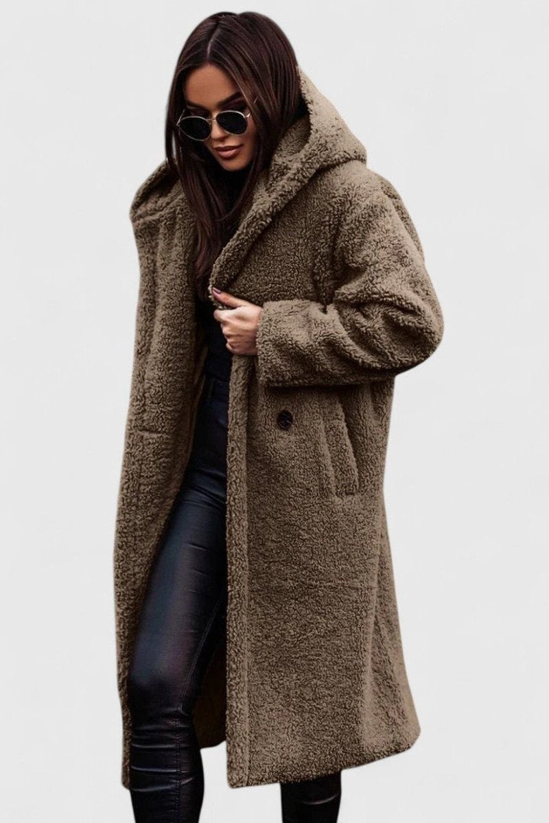 Taupe oversized teddy coat with hood and deep front pockets