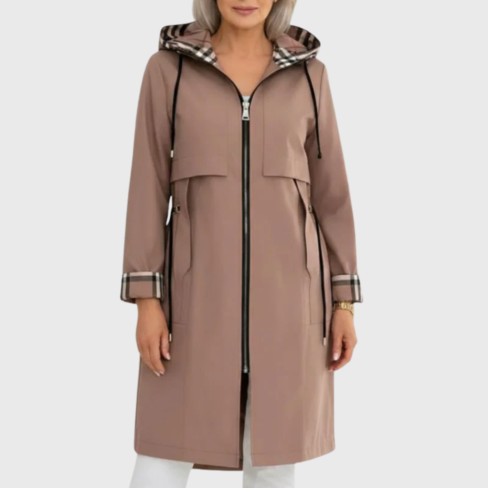 Taupe hooded trench coat with plaid lining and drawstring waist