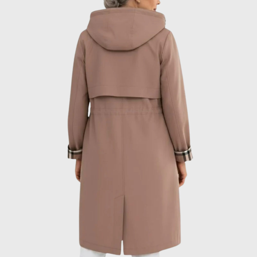 Back view of taupe trench coat with hood and cinched waist