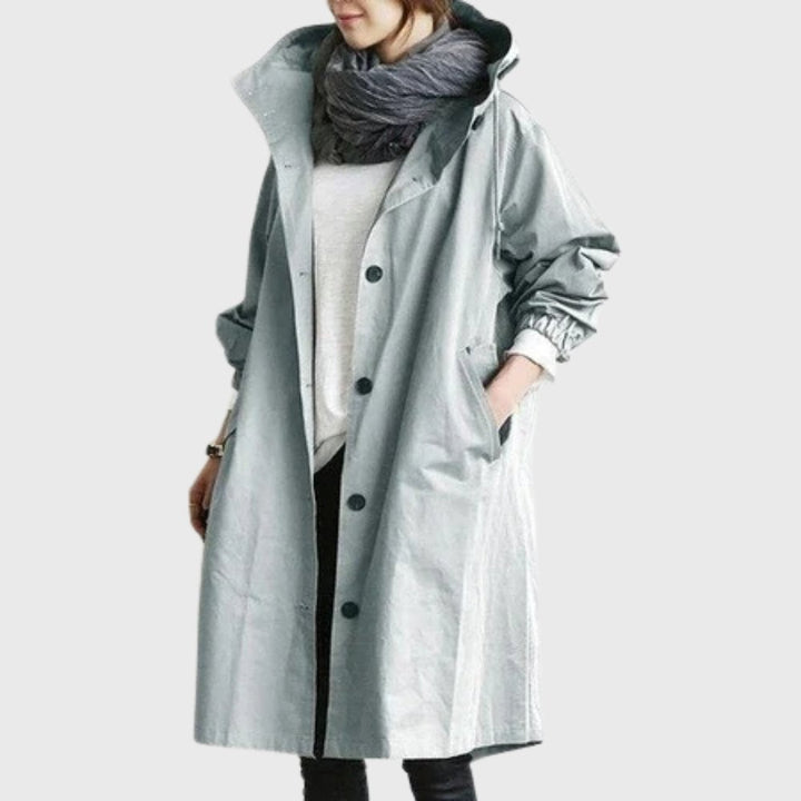 Sage green hooded trench coat with button closure and side pockets