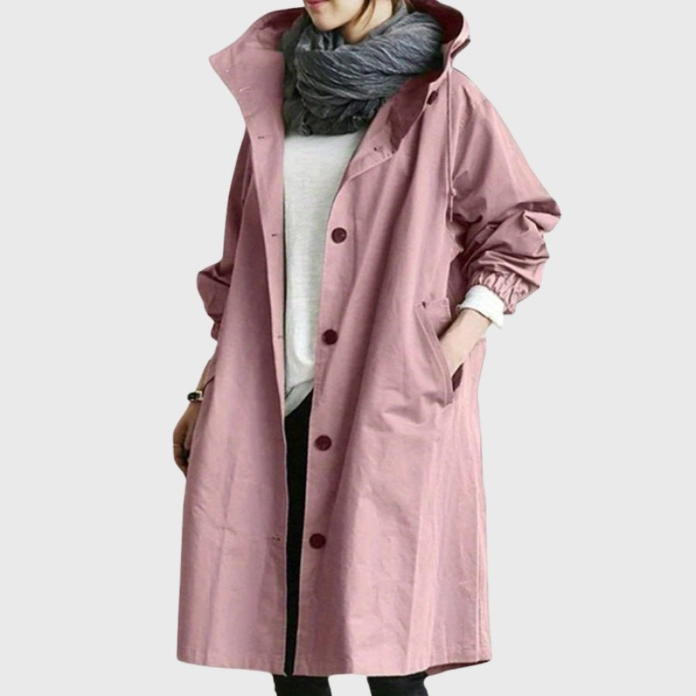 Dusty pink hooded trench coat with button front and roomy pockets