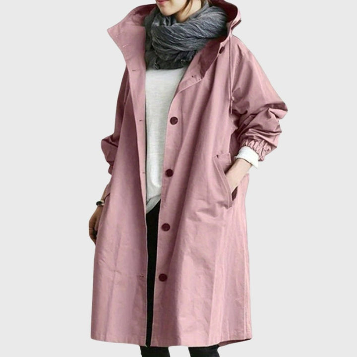 Dusty pink hooded trench coat with button front and roomy pockets