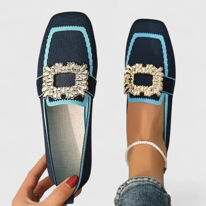 Navy blue knit loafers with rhinestone buckle and light blue trim