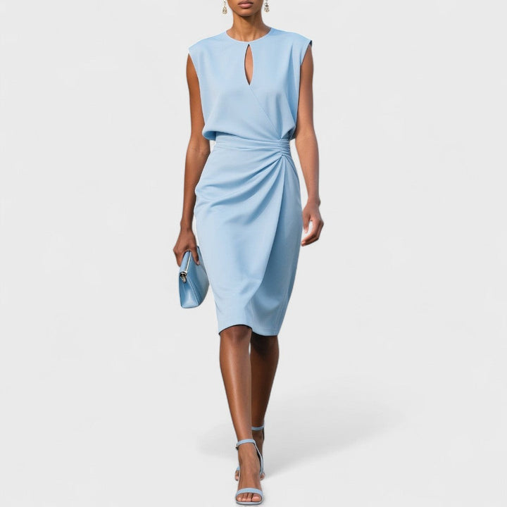 Light blue sleeveless midi dress with keyhole neckline and ruched waist detail
