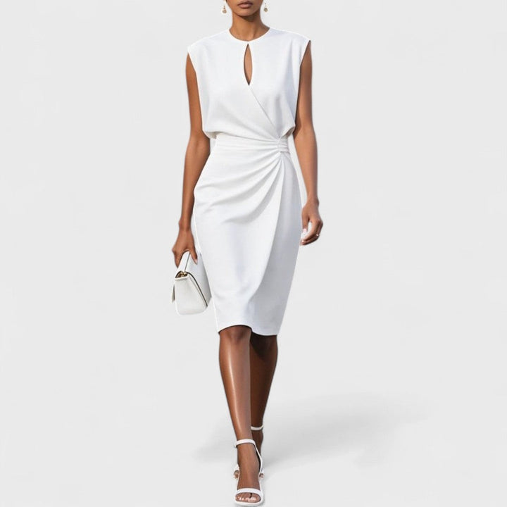 White cap-sleeve wrap-style midi dress with draped ruching at the waist
