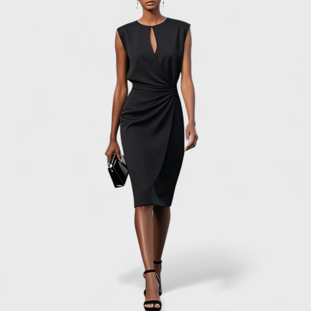 Black sleeveless sheath dress featuring keyhole cutout and gathered waist drape