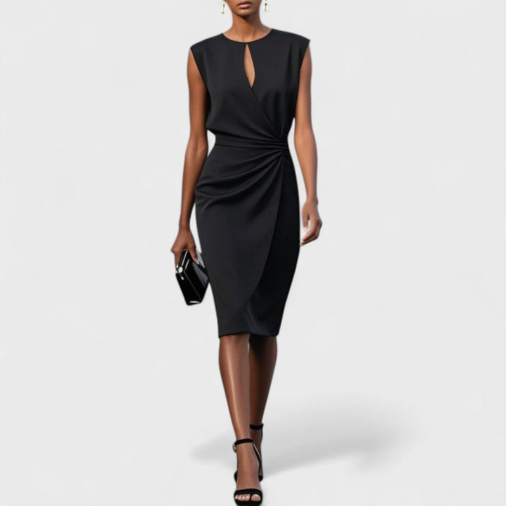 Black sleeveless sheath dress featuring keyhole cutout and gathered waist drape
