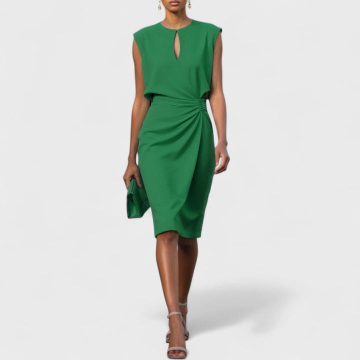 Emerald green midi dress with cap sleeves and side-ruched waist design