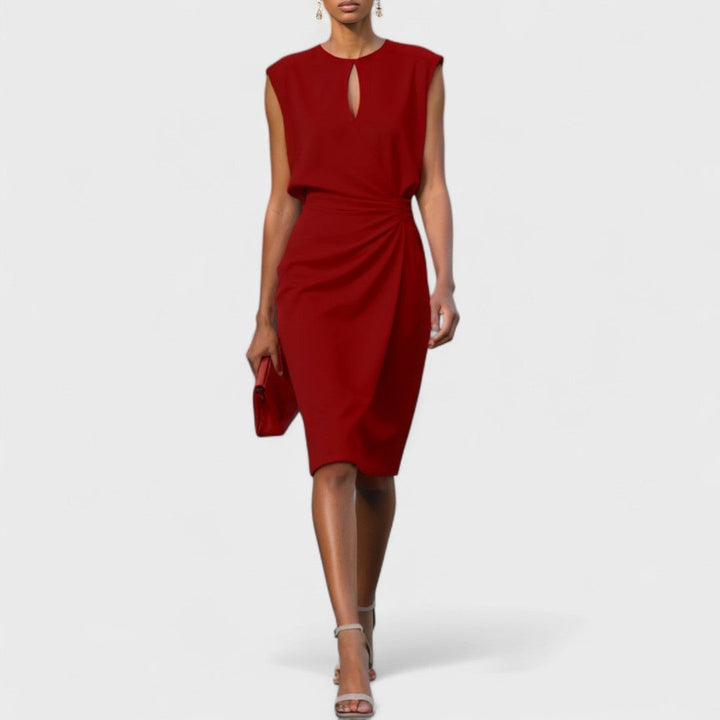 Deep red sleeveless midi dress with keyhole front and draped skirt detail
