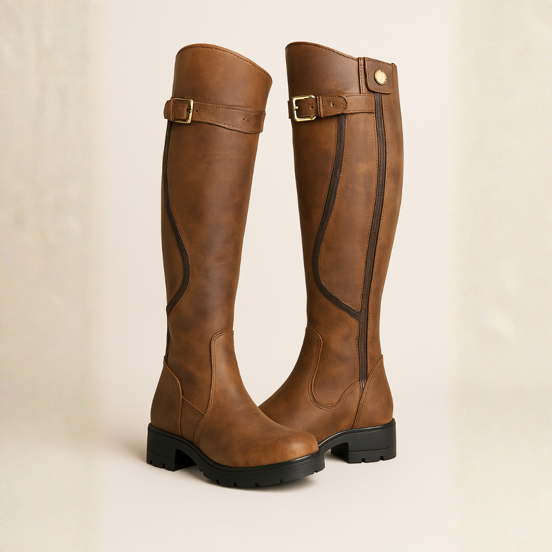 Brown leather knee-high riding boots with gold buckle detail and lug sole