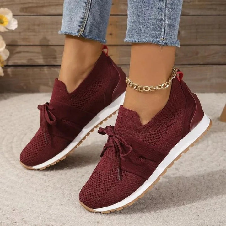 burgundy knit slip-on sneakers with bow tie and white midsole