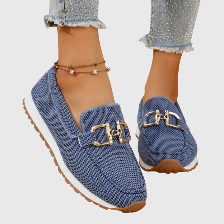blue mesh slip-on loafers with gold buckle detail and platform sole