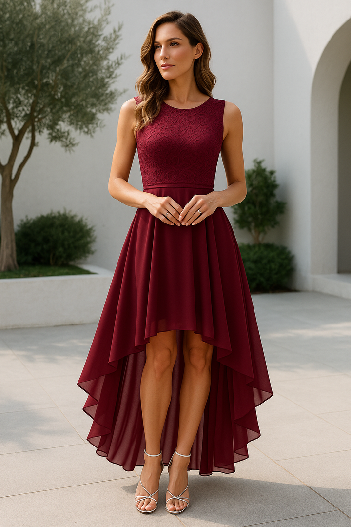 burgundy lace bodice high-low dress with flowing chiffon skirt outdoors