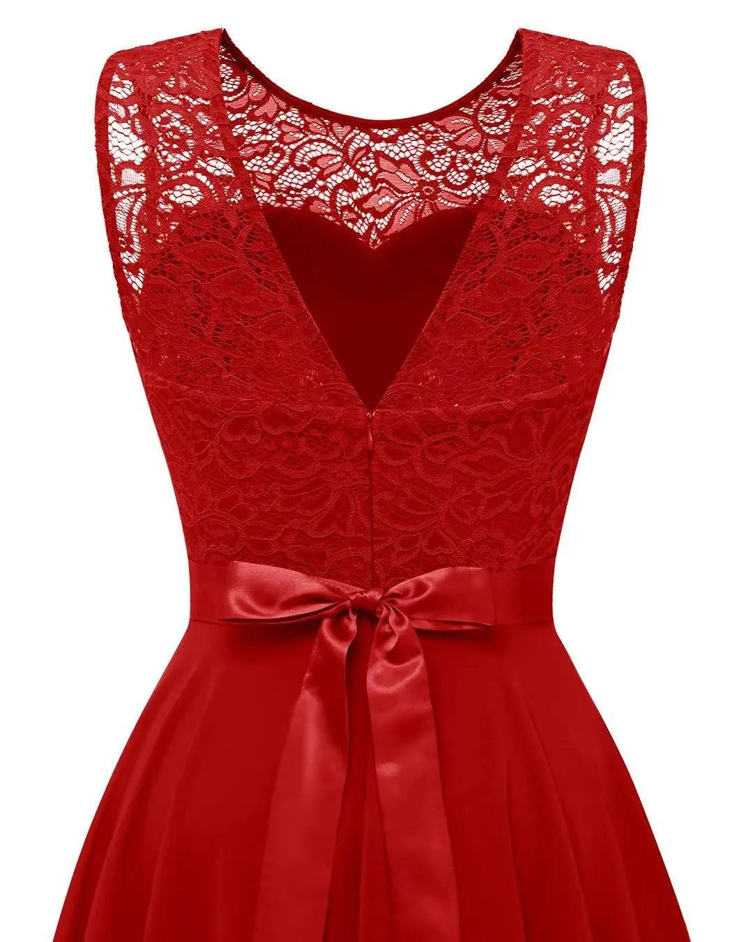 close-up red lace sleeveless bodice with satin ribbon waistband